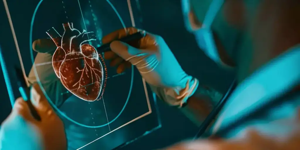 A detailed surgical scene of a heart valve replacement procedure. In the foreground, the surgeon's hands delicately manipulate intricate heart valve components, highlighted by bright surgical lighting. In the middle ground, the patient's open chest cavity reveals the damaged valve and surrounding cardiac structures. The background depicts the sterile operating room, with crisp white walls and medical equipment. The atmosphere is one of intense focus and precision, conveying the gravity and importance of the life-saving procedure.