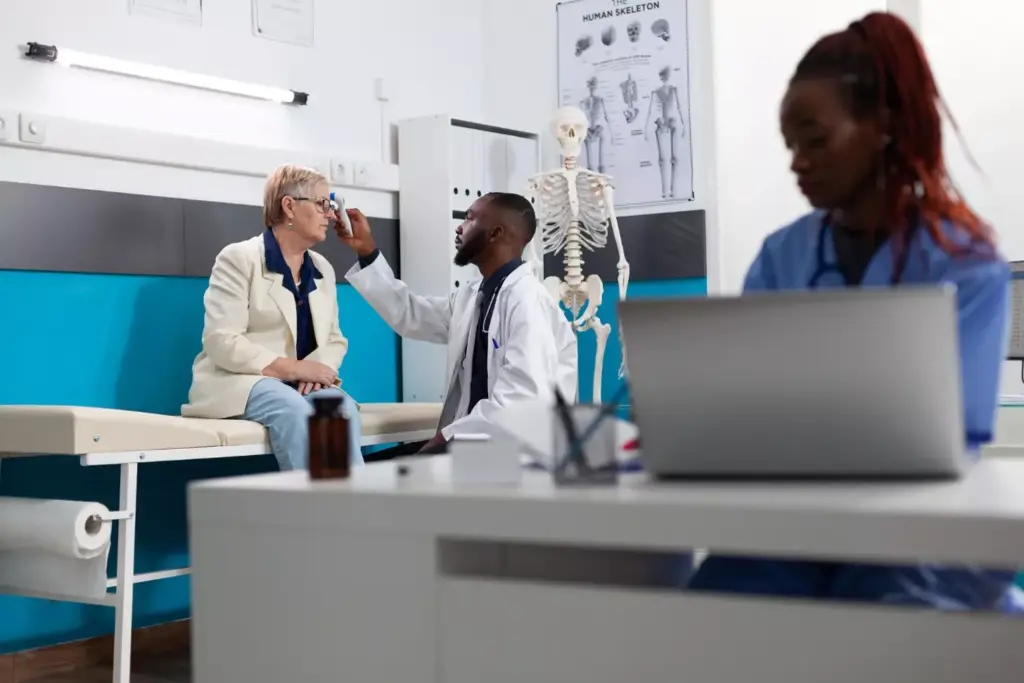 A dimly lit medical laboratory, with a large examination table in the center. On the table, a patient undergoes a thorough medical examination, surrounded by various diagnostic equipment such as an X-ray machine, a CT scanner, and a microscope. The doctor, in a crisp white coat, carefully examines the patient's scans and samples, their expression one of focused concentration. In the background, shelves of medical files and the hum of monitors create an atmosphere of clinical precision. The scene conveys the seriousness and importance of the NSCLC diagnosis process, with a sense of care and attention to detail.