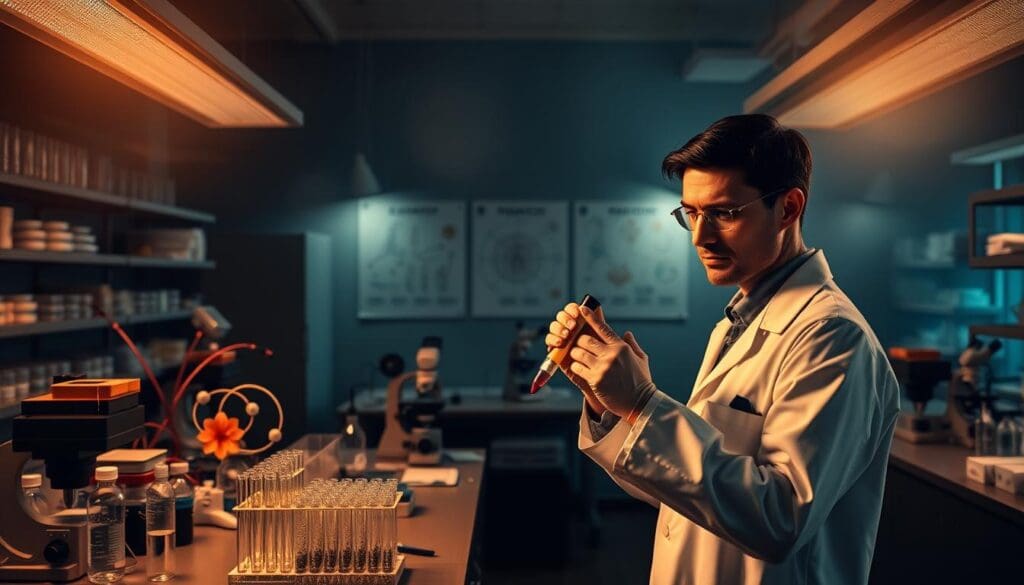 A dimly lit research laboratory, with rows of test tubes, petri dishes, and microscopes lining the benches. In the foreground, a scientist in a white lab coat carefully pipettes a sample, their face set in a determined expression. The middle ground features various models and diagrams depicting different cancer treatment approaches, including chemotherapy, radiation therapy, and targeted therapies. The background is shrouded in a hazy, pensive atmosphere, suggesting the complexity and gravity of the subject matter. Soft, warm lighting from overhead fixtures casts a thoughtful glow throughout the scene, creating a sense of contemplation and scientific inquiry. A dimly lit research laboratory, with rows of test tubes, petri dishes, and microscopes lining the benches. In the foreground, a scientist in a white lab coat carefully pipettes a sample, their face set in a determined expression. The middle ground features various models and diagrams depicting different cancer treatment approaches, including chemotherapy, radiation therapy, and targeted therapies. The background is shrouded in a hazy, pensive atmosphere, suggesting the complexity and gravity of the subject matter. Soft, warm lighting from overhead fixtures casts a thoughtful glow throughout the scene, creating a sense of contemplation and scientific inquiry.
