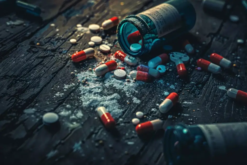 A dimly lit room, clutter and disarray scattered throughout. On a cluttered desk, a syringe, pill bottles, and small bags of white powder lay haphazardly, signs of a once vibrant life now consumed by addiction. Sunken eyes, gaunt features, and trembling hands of a figure in the foreground convey the physical and emotional toll of substance abuse. The room's atmosphere is somber, evoking a sense of despair and hopelessness. Subtle shadows cast by the low lighting add depth and a sense of unease to the scene, capturing the devastating impact of drug addiction.