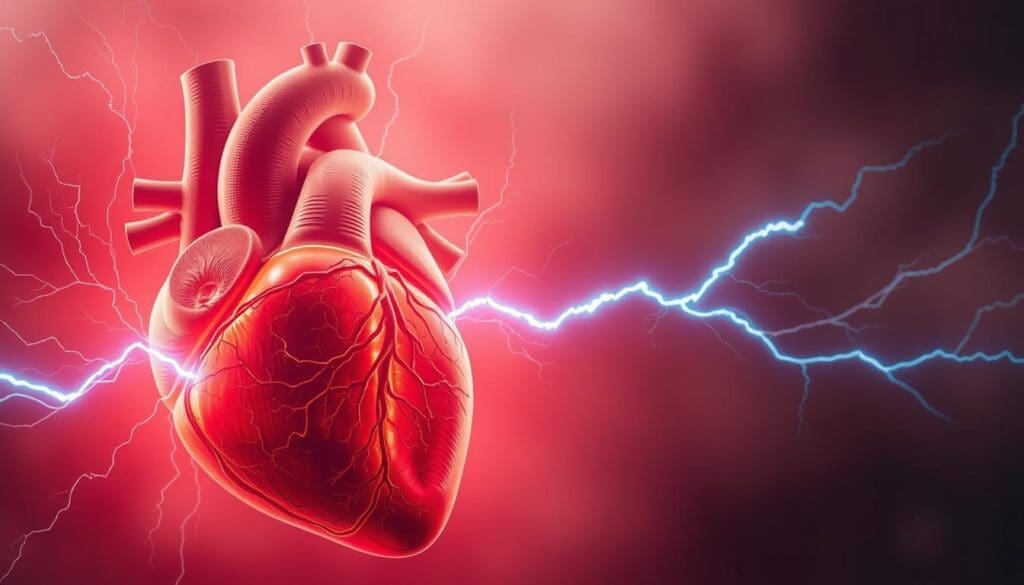 A fast-beating heart pulsing with anxious energy, its rhythmic throbs filling the frame. The foreground features a detailed anatomical illustration of a human heart, its ventricles and chambers rendered in vivid detail, the coronary arteries tracing their intricate pathways. In the middle ground, bolts of electric-blue lightning crackle and surge, symbolizing the physiological chaos of an anxiety-induced panic. The background is shrouded in a hazy, dreamlike atmosphere, with soft, muted tones that convey a sense of unease and emotional turmoil. Dramatic, high-contrast lighting casts dramatic shadows, emphasizing the heart's intense, unrelenting palpitations.