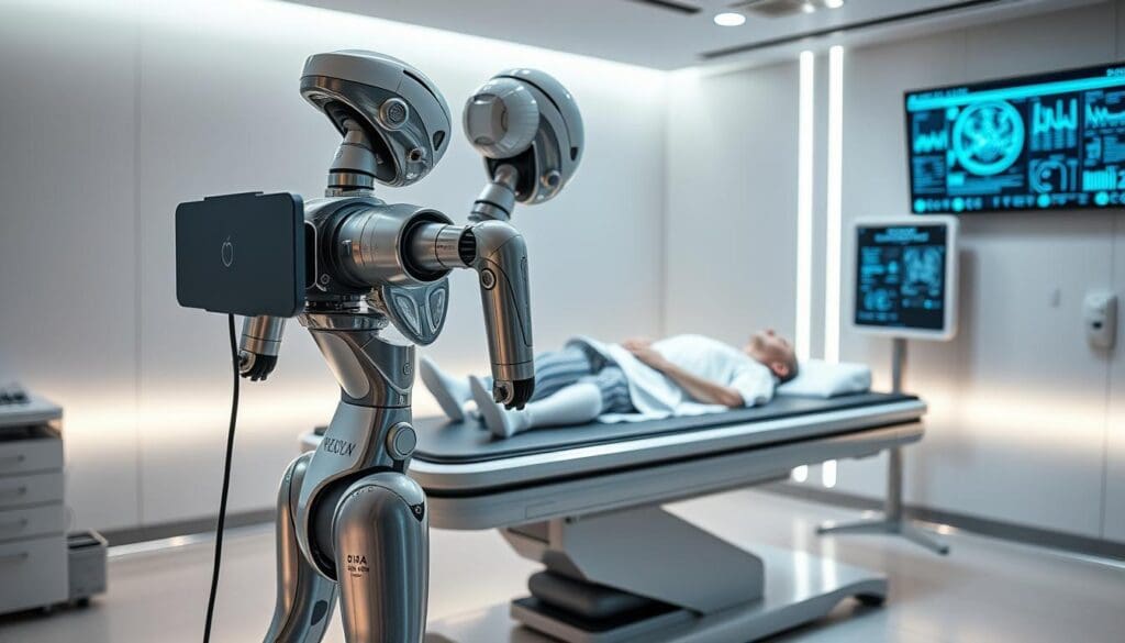 A futuristic medical examination room with a sleek, metallic robotic health monitoring device standing prominently in the foreground. The device has an array of sensors, cameras, and articulated arms that gently cradle and scan a patient lying on an advanced examination table. Soft, indirect lighting illuminates the scene, creating a calming, clinical atmosphere. In the background, a wall-mounted display shows real-time biometric data and diagnostic information. The overall impression is one of cutting-edge technology seamlessly integrated into the medical environment to provide comprehensive, personalized patient care.