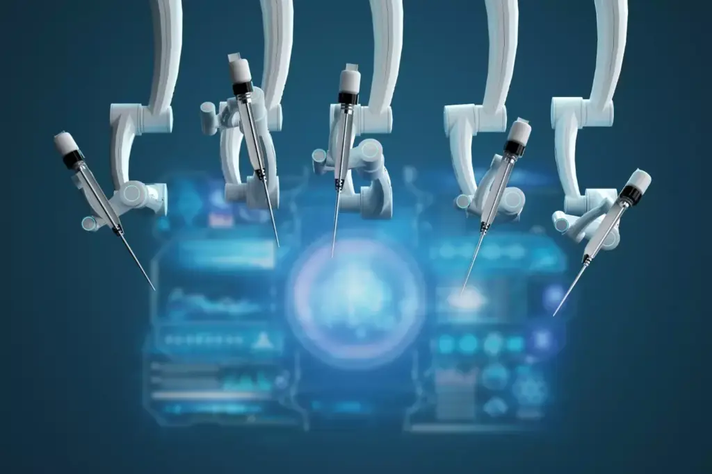A futuristic scene depicting the evolution of surgical robotics. In the foreground, a sleek, state-of-the-art robotic surgical system, its articulated arms and delicate instruments poised with precision. Surrounding it, a swirl of holographic displays and diagnostic data, casting a warm, ethereal glow. In the middle ground, earlier generations of robotic platforms, their bulky forms and limited dexterity a stark contrast to the advanced system in the foreground. The background reveals a cutting-edge medical research facility, with clean lines, advanced materials, and a sense of calm, focused innovation. The overall atmosphere conveys the steady progress and increasing sophistication of surgical robotics, a testament to the relentless pursuit of improved patient outcomes.