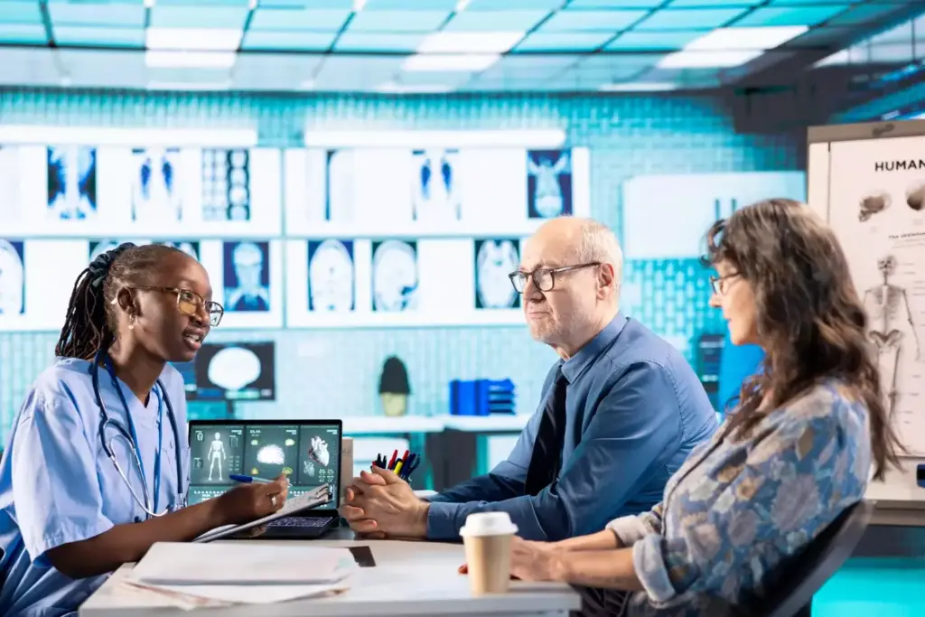 A group of medical oncologists gathered in a modern, well-equipped hospital office, discussing treatment plans and research findings. The scene is bathed in warm, diffused lighting, creating a professional yet caring atmosphere. In the foreground, three doctors in white coats are intently examining patient files, their faces expressing deep concentration. In the middle ground, a team of oncologists is engaged in a lively discussion, gesturing animatedly as they review the latest advancements in cancer therapies. The background features state-of-the-art medical equipment and technology, symbolizing the oncologists' expertise and commitment to providing the highest quality of care.