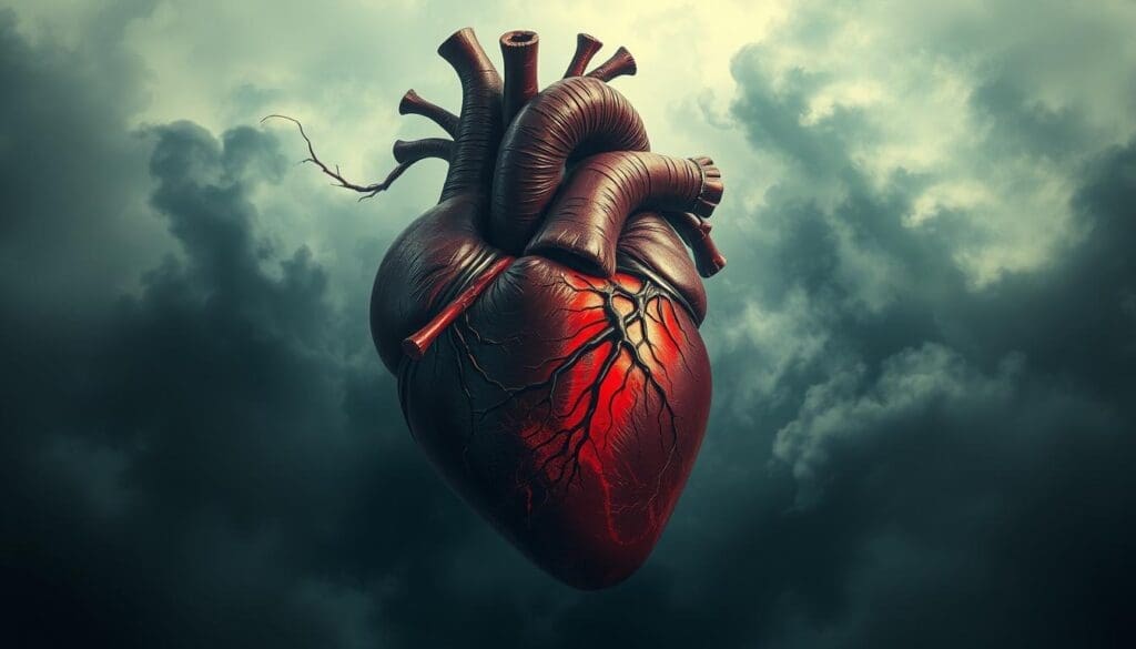A heart-pounding, adrenaline-fueled scene of anxiety. In the foreground, a detailed anatomical illustration of a human heart, its chambers and vessels pulsing with intense, erratic energy. Surrounding it, a hazy, dreamlike landscape of swirling, unsettled clouds in shades of grey and blue, evoking a sense of unease and psychological distress. Dramatic lighting casts dramatic shadows, highlighting the heart's frantic movements, while a moody, atmospheric color palette reinforces the tense, unnerving mood. The overall composition conveys the physiological and emotional turmoil of the fight-or-flight response triggered by anxiety.