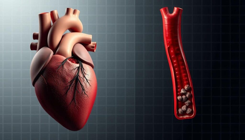 A high-contrast medical illustration depicting the stark contrast between ischemic heart disease and acute coronary syndrome. In the foreground, a detailed cross-section of the heart, with a partially occluded coronary artery and areas of myocardial damage. In the middle ground, a side-by-side comparison, one showing a healthy, unobstructed artery, the other a severely narrowed vessel with plaque buildup. The background is a muted, clinical setting, with subtle grid-like patterns suggestive of medical imagery. The lighting is directional, casting dramatic shadows to enhance the three-dimensional forms. The overall aesthetic is precise, technical, and educational, designed to illustrate the key differences between these two cardiovascular conditions. A high-contrast medical illustration depicting the stark contrast between ischemic heart disease and acute coronary syndrome. In the foreground, a detailed cross-section of the heart, with a partially occluded coronary artery and areas of myocardial damage. In the middle ground, a side-by-side comparison, one showing a healthy, unobstructed artery, the other a severely narrowed vessel with plaque buildup. The background is a muted, clinical setting, with subtle grid-like patterns suggestive of medical imagery. The lighting is directional, casting dramatic shadows to enhance the three-dimensional forms. The overall aesthetic is precise, technical, and educational, designed to illustrate the key differences between these two cardiovascular conditions.