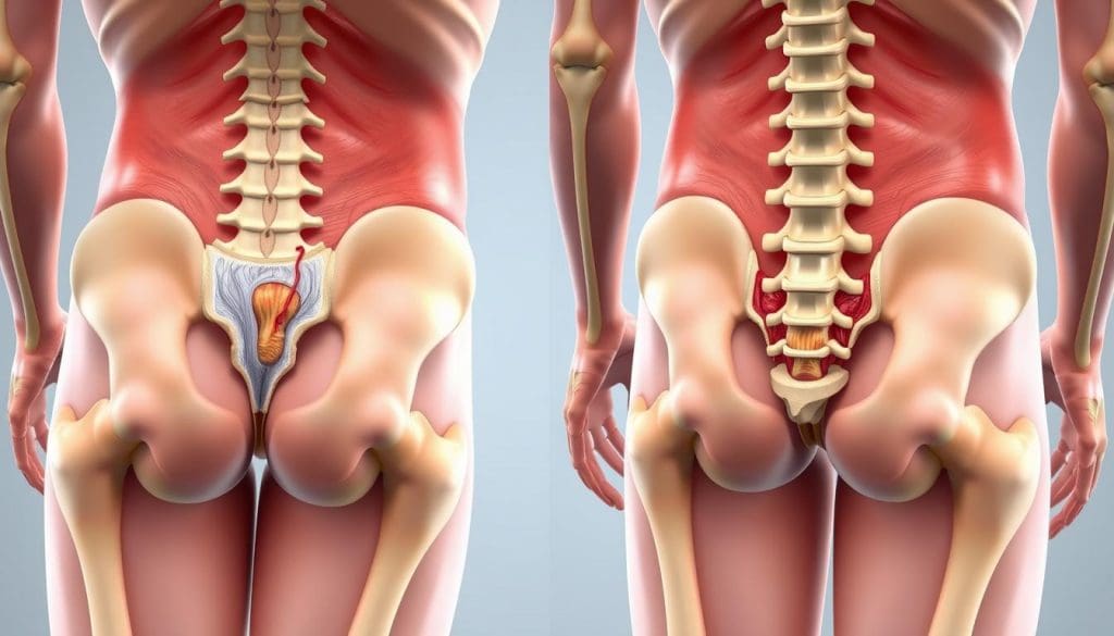 A high-resolution, medically accurate 3D illustration of the anatomy of the lower back and hip region, depicting the key bone marrow extraction sites. The image shows the posterior iliac crest and the anterior superior iliac spine from multiple angles, with clear visibility of the subcutaneous layers, muscle tissue, and the underlying bone structure. The illustration features a realistic color palette, precise anatomical details, and soft, diffused lighting to convey a clinical, educational tone. The perspective is slightly elevated, allowing the viewer to appreciate the procedure's spatial context.