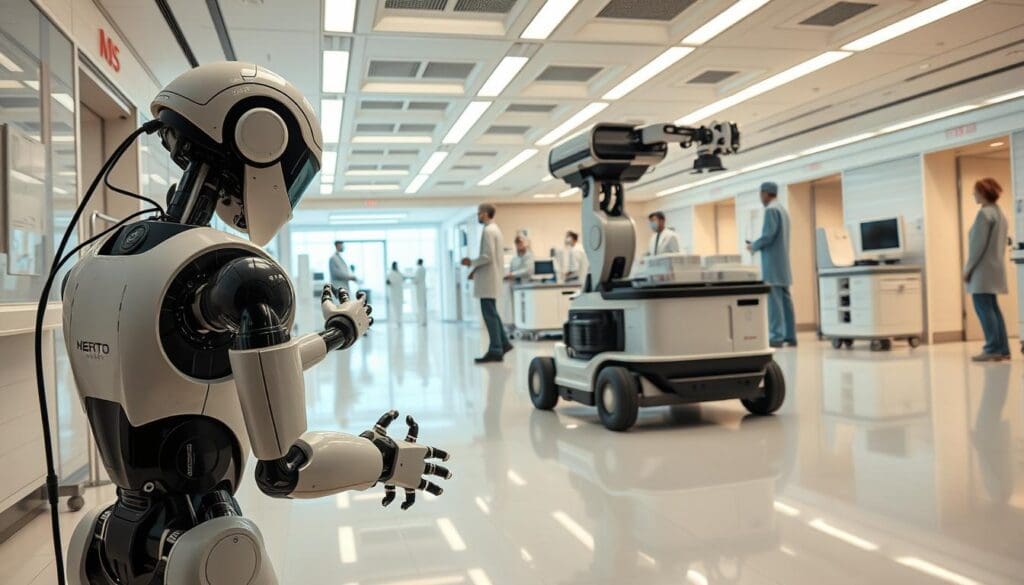 A high-tech medical facility, with a team of state-of-the-art healthcare robots assisting doctors and nurses. In the foreground, a sleek, humanoid robot with advanced sensors and articulated limbs, performing delicate procedures with precision. In the middle ground, a mobile robot transporting medical supplies, its wheeled base gliding silently across the clean, polished floor. In the background, a panoramic view of the bustling hospital, with robotic arms and autonomous devices seamlessly integrated into the clinical workflow. Soft, directional lighting illuminates the scene, conveying a sense of modern, efficient, and cutting-edge medical technology. The overall atmosphere is one of innovation, collaboration, and a future-forward approach to healthcare.