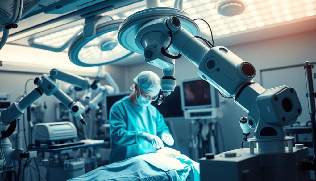 A high-tech operating room filled with gleaming robotic arms and medical equipment, bathed in a soft, sterile light. In the center, a surgeon skillfully manipulates the controls of a state-of-the-art surgical robot, guiding its precise movements as it performs a delicate procedure on a patient. The robot's articulated limbs and advanced sensors enable unparalleled precision and control, allowing the surgeon to navigate the complex anatomy with unwavering accuracy. The scene exudes a sense of confidence and innovation, showcasing the transformative power of robotics in the world of modern healthcare.