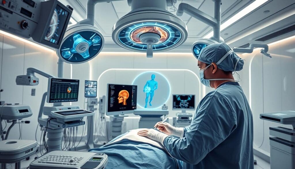 A high-tech operating room with advanced surgical instruments and equipment for image-guided sinus surgery. In the foreground, a surgeon carefully navigates a delicate procedure, using a state-of-the-art navigation system to visualize the internal anatomy in real-time. The middle ground features detailed 3D models and holographic displays, providing precise guidance and data. The background showcases the sleek, modern design of the surgical suite, with clean lines, bright lighting, and a sense of technological sophistication. The overall scene conveys the evolution of sinus surgical techniques, combining cutting-edge medical technology with the skilled hands of the surgeon to deliver the best possible patient outcomes.