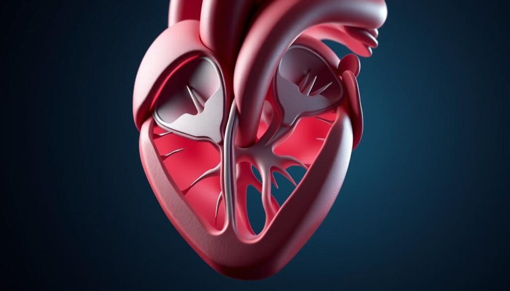 A highly detailed, anatomically accurate 3D illustration of the aortic valve, showing its intricate structure and function. The image should be rendered in a photorealistic style, with precise attention to the delicate cusp leaflets, the annulus, and the surrounding aortic root. The lighting should be soft and natural, creating depth and highlighting the complex geometry of the valve. The camera angle should provide a clear, unobstructed view of the valve, allowing the viewer to fully appreciate its architecture. The overall mood should convey a sense of scientific precision and medical importance, befitting the subject matter.
