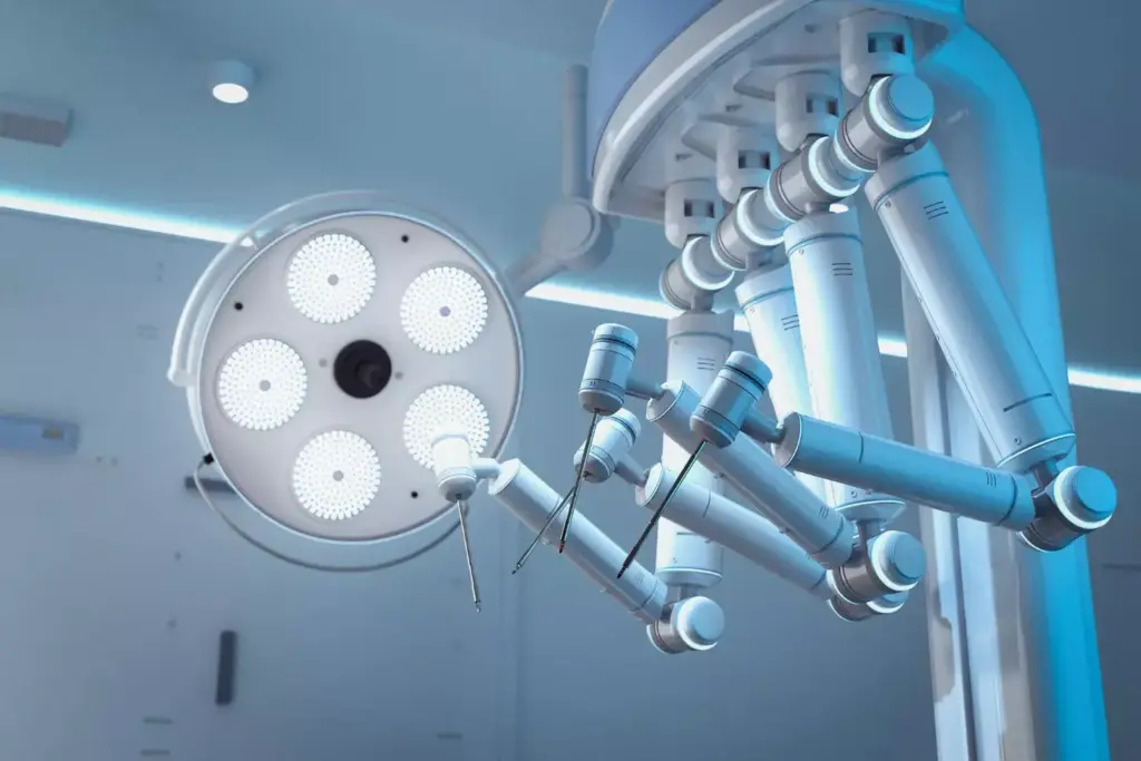 A highly detailed and technically accurate 3D rendering of the da Vinci robotic surgery system. The foreground features the sleek, modern da Vinci console with its intuitive controls and high-resolution display screens. In the middle ground, the robotic arms with their articulated instruments are precisely positioned, conveying the advanced surgical capabilities. The background showcases the operating room environment, with clean, bright lighting and state-of-the-art medical equipment, highlighting the cutting-edge technology that enables this revolutionary surgical approach. The overall scene exudes a sense of precision, innovation, and the evolution of minimally invasive surgery.