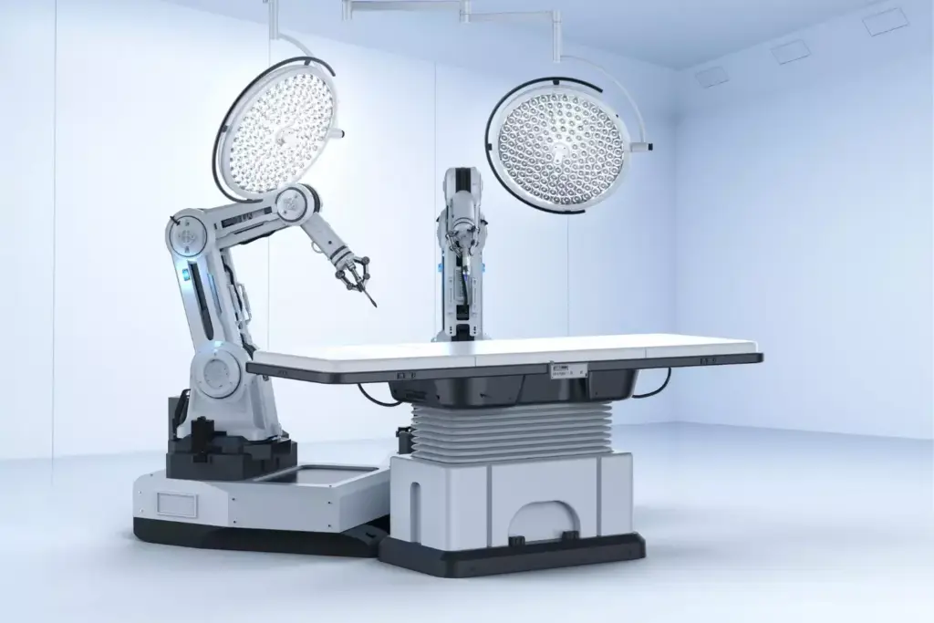 A highly detailed, close-up view of the advanced surgical arms of the da Vinci robotic system, showcasing their intricate mechanical design and impressive functionality. The robotic arms are rendered in a sleek, metallic finish, with a gleaming, almost futuristic appearance. The arms are depicted in a brightly lit, clean, and clinical environment, with crisp shadows and highlights that accentuate their precise movements and dexterity. The composition focuses on the arms' articulated joints, versatile wrist mechanisms, and specialized end-effectors, highlighting the engineering innovations that enable the system's enhanced surgical capabilities. An overall mood of technological sophistication and medical precision is conveyed, reflecting the cutting-edge nature of the da Vinci robotic surgery platform.