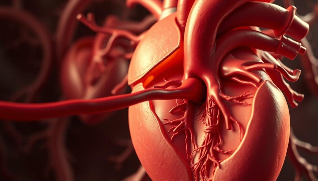 A highly detailed, photo-realistic illustration of the aortic blood flow within a human heart, showcasing the narrowing of the aortic valve. The scene depicts the aorta in the foreground, with a focus on the restricted blood flow through the stenotic valve. The middle ground displays the left ventricle, its walls contracting to overcome the increased resistance. In the background, the cardiac chambers and surrounding anatomy are visible, rendered in a muted, semi-transparent style to emphasize the central blood flow dynamics. The lighting is warm and natural, with soft shadows and highlights that accentuate the intricate anatomical structures. The overall composition conveys a sense of scientific understanding and the physiological impact of aortic valve narrowing.