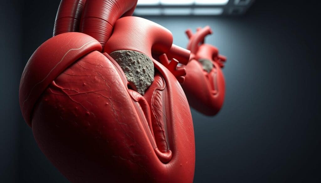A highly detailed, photorealistic 3D medical illustration of severe aortic valve stenosis. The foreground shows a cross-section of the heart, with the aortic valve prominently displayed. The valve is severely narrowed and calcified, restricting blood flow from the left ventricle to the aorta. The middle ground depicts the surrounding cardiac anatomy, including the left ventricle, aorta, and other heart chambers. The background is a muted, clinical setting, with subtle lighting from above illuminating the heart structures. The overall mood is one of medical precision and educational clarity, allowing the viewer to clearly understand the pathological changes associated with this cardiovascular condition.