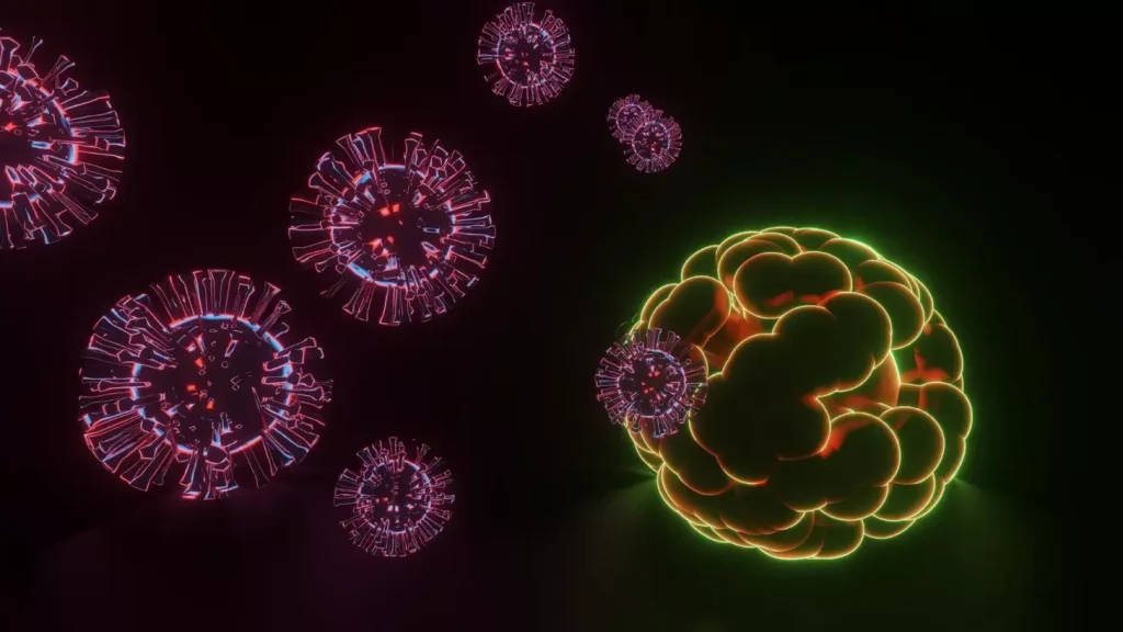 A highly detailed, photorealistic digital illustration depicting CAR T cell therapy targeting cancer cells. In the foreground, a cluster of T cells with chimeric antigen receptors (CARs) on their surfaces are shown attacking and destroying malignant tumor cells. The middle ground features a cutaway view of a human body with the targeted cancer cells highlighted. The background showcases a microscopic, molecular-level landscape with intricate cellular structures and pathways. The lighting is crisp, with strong directional illumination from the left, creating deep shadows and highlights that accentuate the three-dimensional forms. The overall mood is clinical yet dynamic, conveying the precision and power of CAR T cell immunotherapy.