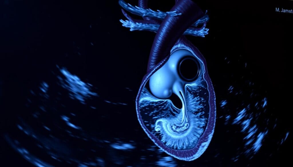 A highly detailed, realistic echocardiography image showing a cross-sectional view of the aortic valve with moderate stenosis. The image should be captured with a high-resolution medical imaging device, showcasing the anatomical structures and physiological characteristics associated with this condition. The lighting should be soft and directional, emphasizing the intricate details of the aortic valve and the surrounding cardiac structures. The angle should be angled slightly from the side to provide a clear view of the valve opening and the degree of stenosis. The mood should convey a sense of clinical objectivity and medical professionalism, suitable for use in a medical article. A highly detailed, realistic echocardiography image showing a cross-sectional view of the aortic valve with moderate stenosis. The image should be captured with a high-resolution medical imaging device, showcasing the anatomical structures and physiological characteristics associated with this condition. The lighting should be soft and directional, emphasizing the intricate details of the aortic valve and the surrounding cardiac structures. The angle should be angled slightly from the side to provide a clear view of the valve opening and the degree of stenosis. The mood should convey a sense of clinical objectivity and medical professionalism, suitable for use in a medical article.