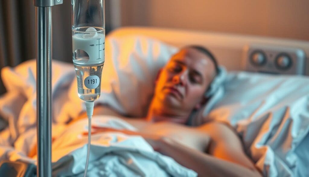 A hospital bed bathed in soft, warm lighting, with a patient lying weakly amidst tangled sheets. In the foreground, a IV drip hangs, its clear liquid snaking into the patient's arm. The middle ground reveals the patient's gaunt face, eyes sunken and expression pained, as they struggle with the immediate side effects of chemotherapy - nausea, fatigue, and hair loss. The background blurs into a muted, clinical setting, conveying the sterile, isolating atmosphere of the hospital. The overall scene evokes the vulnerability and physical toll experienced by cancer patients immediately following a grueling course of treatment.