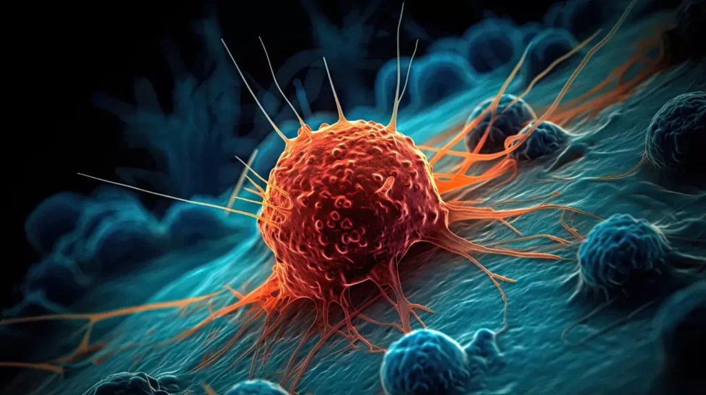 A mesmerizing, realistic depiction of cancer immunotherapy. In the foreground, a vibrant T cell, its surface covered in chimeric antigen receptors (CAR), stands poised to engage with a cancerous cell. Behind it, a panoramic view of the intricate tumor microenvironment, with diverse immune cells interacting amidst a labyrinth of blood vessels and extracellular matrix. Rays of warm, diffuse lighting filter through, casting a hopeful glow and emphasizing the revolutionary potential of this transformative cancer treatment. Captured with a wide-angle lens to convey the grand scale and complexity of this medical breakthrough, the image exudes a sense of scientific wonder and the promise of a future where the body's own defenses can be harnessed to vanquish the scourge of cancer. A mesmerizing, realistic depiction of cancer immunotherapy. In the foreground, a vibrant T cell, its surface covered in chimeric antigen receptors (CAR), stands poised to engage with a cancerous cell. Behind it, a panoramic view of the intricate tumor microenvironment, with diverse immune cells interacting amidst a labyrinth of blood vessels and extracellular matrix. Rays of warm, diffuse lighting filter through, casting a hopeful glow and emphasizing the revolutionary potential of this transformative cancer treatment. Captured with a wide-angle lens to convey the grand scale and complexity of this medical breakthrough, the image exudes a sense of scientific wonder and the promise of a future where the body's own defenses can be harnessed to vanquish the scourge of cancer.