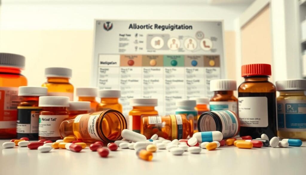 A meticulously detailed image of a collection of various medications and pills used to treat aortic regurgitation. The foreground features an assortment of prescription drug bottles, capsules, and tablets arranged in a clinical, well-lit setting. The middle ground showcases a medical chart or diagram providing information about the different treatment options. The background subtly implies a hospital or doctor's office environment, with clean, sterile surfaces and minimal distractions. The overall tone is informative and authoritative, reflecting the importance of these medications in managing aortic regurgitation. Warm, natural lighting emphasizes the professional, yet approachable nature of the scene. A meticulously detailed image of a collection of various medications and pills used to treat aortic regurgitation. The foreground features an assortment of prescription drug bottles, capsules, and tablets arranged in a clinical, well-lit setting. The middle ground showcases a medical chart or diagram providing information about the different treatment options. The background subtly implies a hospital or doctor's office environment, with clean, sterile surfaces and minimal distractions. The overall tone is informative and authoritative, reflecting the importance of these medications in managing aortic regurgitation. Warm, natural lighting emphasizes the professional, yet approachable nature of the scene.
