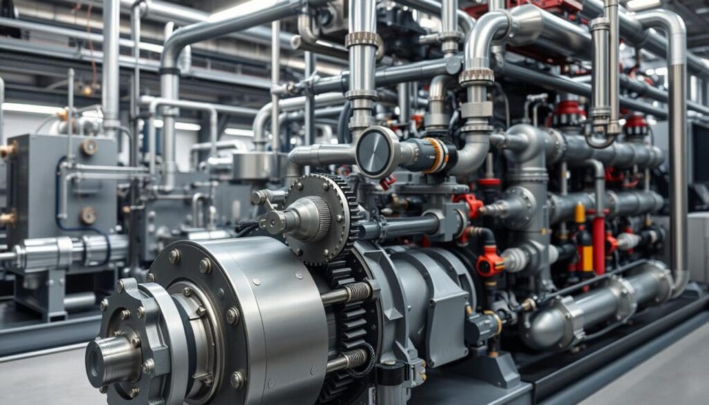 A meticulously engineered mechanical MVR process, with a complex arrangement of gears, pipes, and valves. The foreground features the central compressor, its intricate components precisely calibrated to maximize energy efficiency. In the middle ground, a network of heat exchangers and evaporators, efficiently transferring thermal energy. The background showcases the surrounding industrial setting, with a clean, modern aesthetic and subtle lighting that highlights the system's technical sophistication. The overall scene conveys a sense of technological precision and environmental sustainability, capturing the essence of the Mechanical MVR technology.