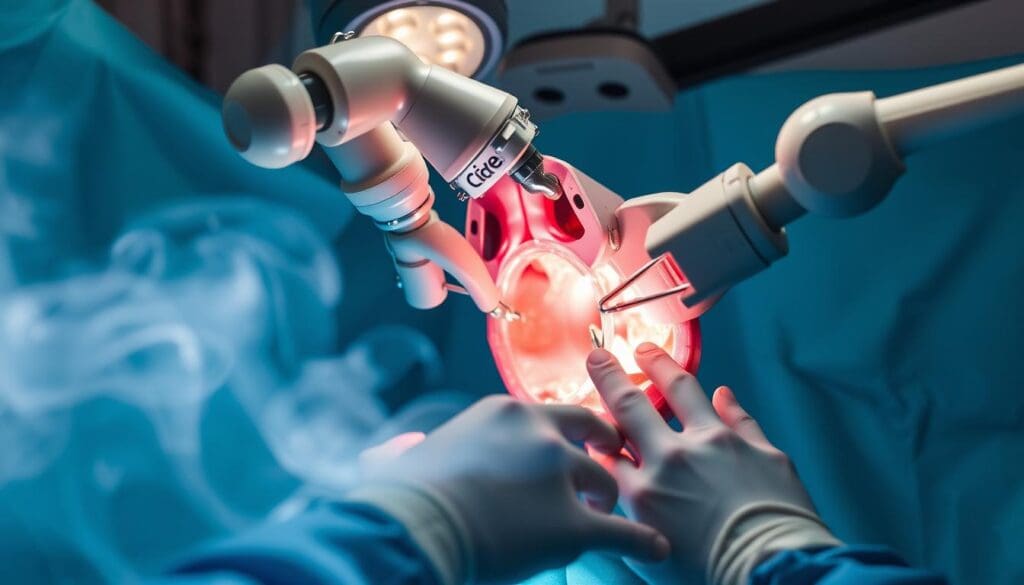 A minimally invasive robotic hysterectomy procedure performed by a skilled surgeon using the da Vinci robotic system. The robotic arms delicately manipulate surgical instruments through small incisions, providing enhanced precision, flexibility, and control. Bright surgical lights illuminate the detailed anatomy, while the camera provides a high-definition 3D view of the surgical site. Surgical smoke swirls in the foreground, conveying the technical complexity of the operation. The surgeon's hands guide the robotic arms with focused concentration, highlighting the human-machine collaboration central to this advanced surgical approach. A minimally invasive robotic hysterectomy procedure performed by a skilled surgeon using the da Vinci robotic system. The robotic arms delicately manipulate surgical instruments through small incisions, providing enhanced precision, flexibility, and control. Bright surgical lights illuminate the detailed anatomy, while the camera provides a high-definition 3D view of the surgical site. Surgical smoke swirls in the foreground, conveying the technical complexity of the operation. The surgeon's hands guide the robotic arms with focused concentration, highlighting the human-machine collaboration central to this advanced surgical approach.