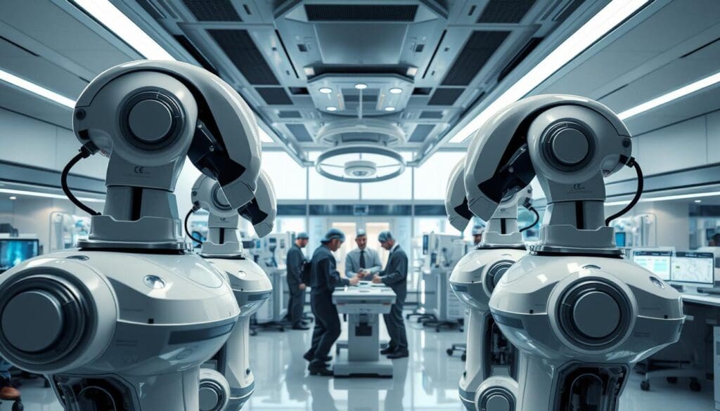 A modern hospital interior with sleek, white-and-chrome medical robotics equipment in the foreground. In the middle ground, a team of surgeons and technicians operate the robots during a complex procedure, their faces focused and determined. The background features a panoramic view of a bustling medical research facility, with scientists and engineers collaborating at workstations and advanced diagnostic imaging systems. The scene is bathed in a cool, professional lighting that accentuates the precision and cutting-edge technology of the medical robotics market. The overall atmosphere conveys a sense of scientific advancement, innovation, and the promising future of healthcare.