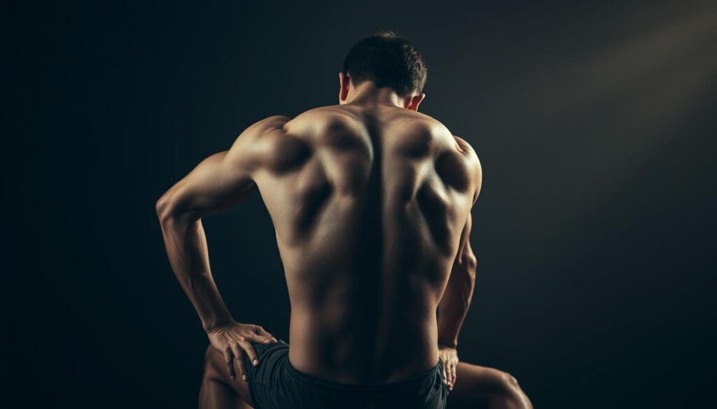 A muscular figure in a pained expression, their back and legs tense with strain. Dim lighting casts shadows that accentuate the contours of the body, revealing the underlying tension in the muscles. The scene conveys a sense of discomfort and physical exertion, with the subject's posture and facial features suggesting the strain of overexertion. The lens is focused to capture the details of the subject's musculature, creating a sense of realism and emphasizing the physicality of the scene. The overall atmosphere is one of subdued tones and a somber, introspective mood, reflecting the subject's discomfort and the struggle to overcome the physical challenge.