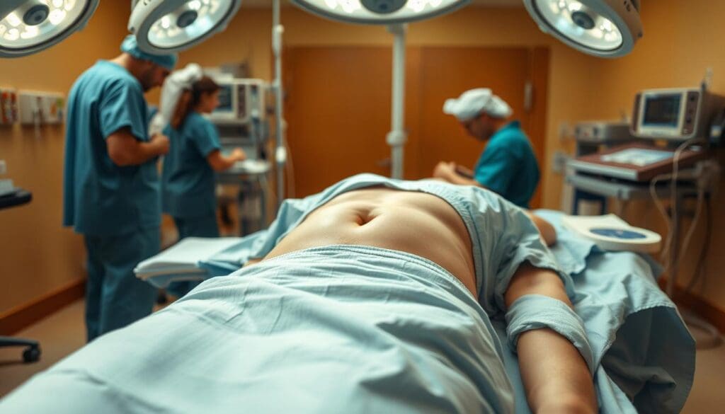 A patient in a hospital gown lies on an operating table, surrounded by medical equipment and personnel in scrubs. The room is brightly lit, with a warm, clinical atmosphere. The patient's abdomen is exposed, showing the incision site for a laparoscopic hysterectomy procedure. The medical team is visible, focused on the operation, conveying a sense of care and professionalism. The image captures the patient's perspective, offering a realistic and informative visualization of the procedure to educate and reassure those considering this treatment.
