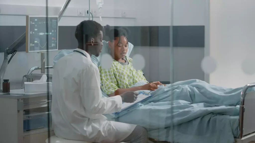 A patient resting comfortably on a hospital bed, their arm bandaged after a recent bone marrow biopsy procedure. The room is well-lit with natural sunlight filtering in through large windows, creating a calming, serene atmosphere. The patient's expression conveys a sense of relief and recovery, as they begin the healing process. The scene is captured from a slightly elevated angle, providing a comprehensive view of the patient's surroundings, including medical equipment and a chair for a visitor nearby. The overall mood is one of tranquility and the patient's gradual return to health.