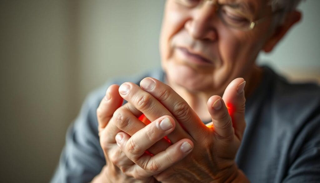 A person experiencing arthritic pain, their hands gently cradled in a warm, soft light. The foreground captures the aching joints, swollen knuckles, and stiffness. The middle ground shows the person's face, expression reflecting the discomfort yet also a sense of resilience. The background subtly fades, suggesting a quiet, calming environment, where the person can find respite from the daily challenges of living with arthritis. The overall mood is one of empathy, understanding the real impact of this chronic condition on an individual's life and daily activities.