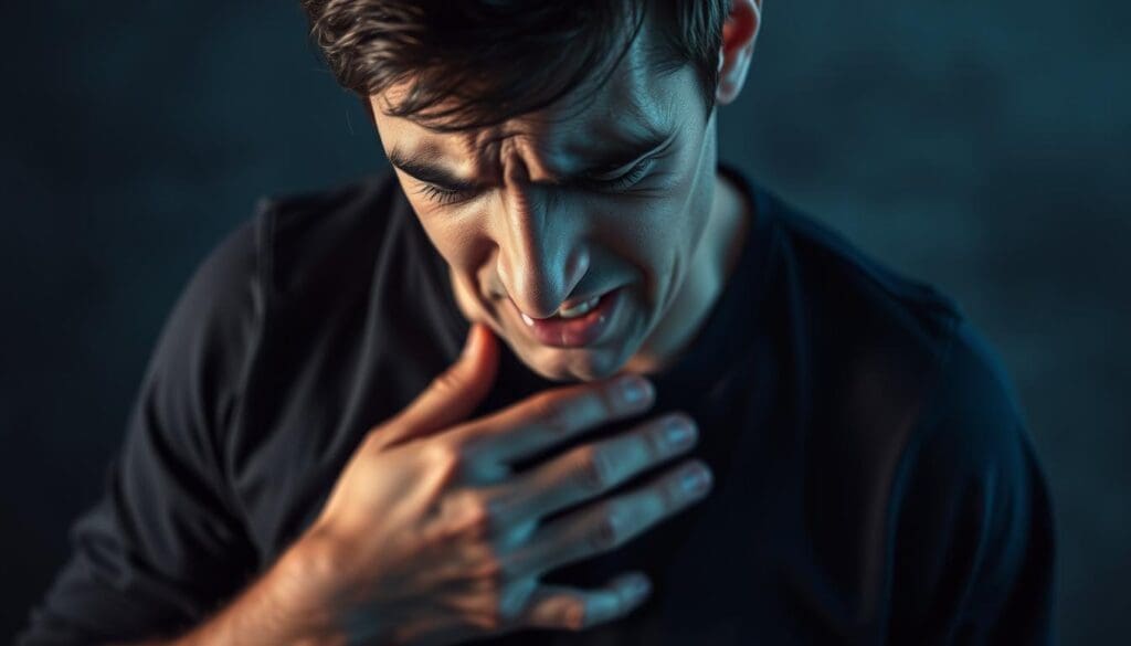 A person experiencing intense chest discomfort, with their hand clutching their chest in a gesture of distress. The subject's face is contorted with worry, their brow furrowed, and their mouth slightly open, conveying a sense of unease and discomfort. The background is hazy and unfocused, creating a sense of isolation and anxiety, with muted tones of gray and blue to evoke a somber and introspective atmosphere. Dramatic low-angle lighting casts dramatic shadows on the subject's face, emphasizing the intensity of their experience. The overall mood is one of tension and unease, reflecting the debilitating effects of persistent anxiety-induced chest pain.