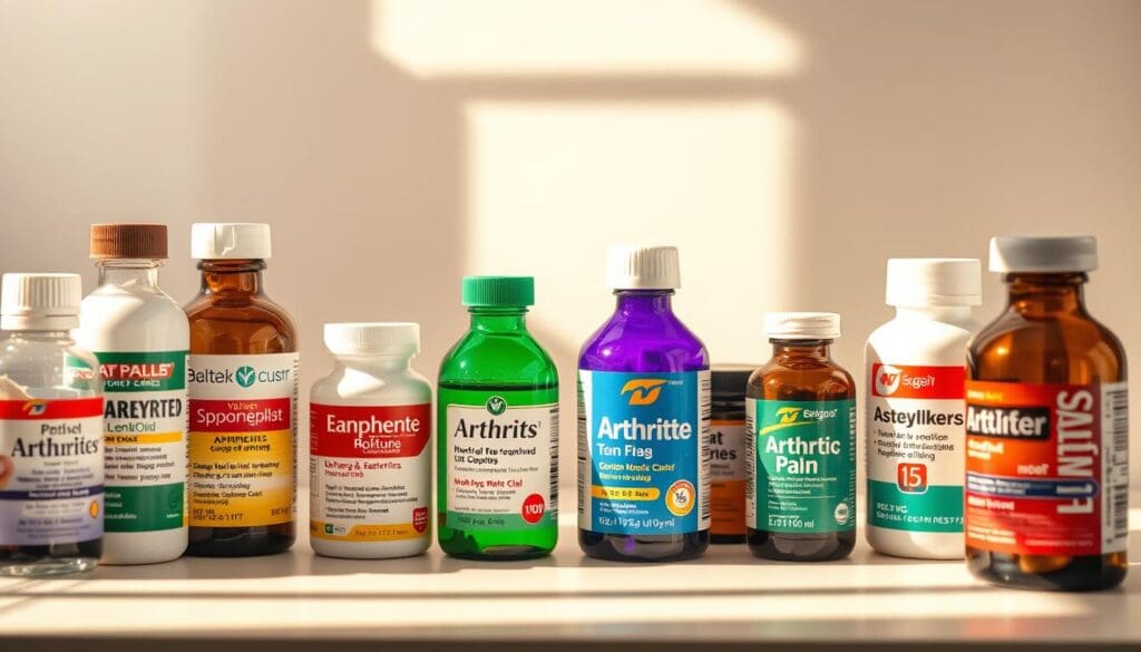 A pharmaceutical countertop displaying an array of over-the-counter arthritis medication bottles, each with distinct labels and packaging. The scene is bathed in warm, natural lighting, casting subtle shadows and highlights on the products. The bottles are arranged in a grid, allowing for side-by-side comparison of the different brands and formulations. The background is a clean, minimal space, keeping the focus on the medications. The overall mood is one of informative presentation, inviting the viewer to explore and compare the various options for relieving arthritic pain. A pharmaceutical countertop displaying an array of over-the-counter arthritis medication bottles, each with distinct labels and packaging. The scene is bathed in warm, natural lighting, casting subtle shadows and highlights on the products. The bottles are arranged in a grid, allowing for side-by-side comparison of the different brands and formulations. The background is a clean, minimal space, keeping the focus on the medications. The overall mood is one of informative presentation, inviting the viewer to explore and compare the various options for relieving arthritic pain.