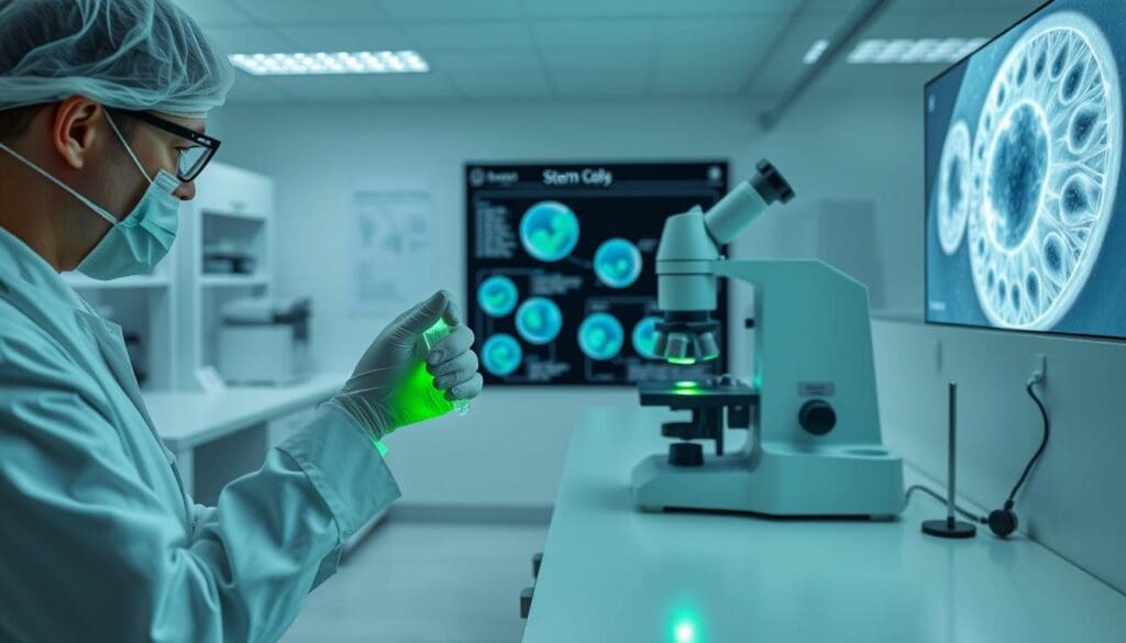 A pristine laboratory setting, with sterile workstations and state-of-the-art equipment. In the foreground, a technician in a white lab coat carefully pipettes a sample of embryonic stem cells, their fluorescent green glow illuminating the dark-field microscope. The middle ground showcases a diagram or schematic detailing the process of harvesting and culturing these unique cells, while the background features a high-resolution micrograph capturing the intricate structures and developmental stages of the embryos. Soft, even lighting casts a clinical, yet hopeful atmosphere, as the scene conveys the scientific rigor and promise of embryonic stem cell research.