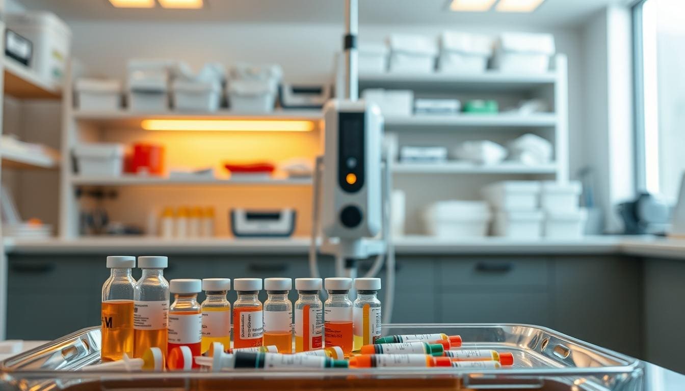 A serene medical laboratory setting, bathed in warm, diffused lighting. In the foreground, a tray of various pharmaceutical vials and syringes, conveying the idea of adjuvant therapy. The middle ground features a sleek, modern medical device, perhaps an infusion pump or diagnostic tool. In the background, shelves of neatly organized medical supplies and equipment, suggesting a well-equipped, professional environment. The overall atmosphere is one of clinical precision, technological advancement, and the careful administration of supportive treatments to complement primary therapies.