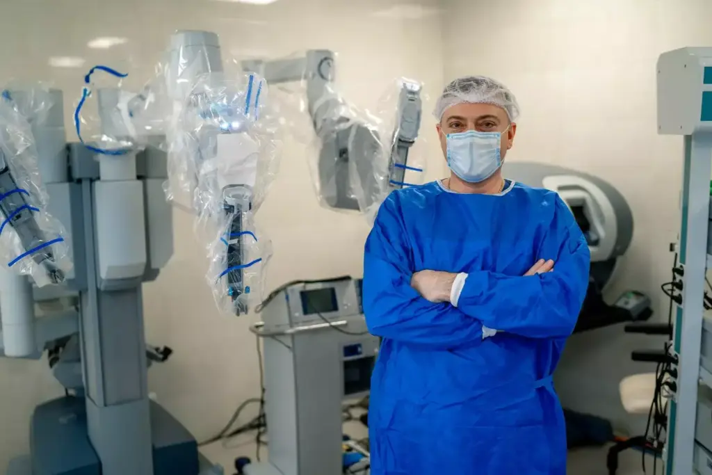 A sleek, chrome-plated robotic arm gracefully manipulates delicate surgical instruments, its movements guided by the skilled hands of a surgeon observing on a nearby display. The operating theater is bathed in a cool, blue-tinged lighting, creating an atmosphere of high-tech precision. In the background, intricate medical diagrams and holographic projections provide real-time data and insights to the surgical team. The robotic system's articulated joints and camera-equipped "eyes" convey a sense of advanced, cutting-edge technology seamlessly integrated with the practice of modern medicine, revolutionizing the way complex procedures are performed.