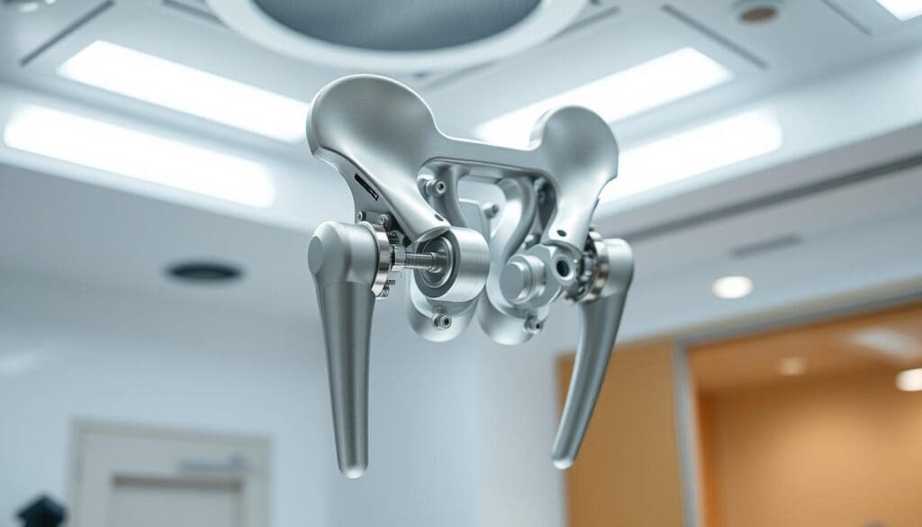 A sleek, high-tech hip joint hovers in a sterile, well-lit medical environment. The advanced prosthesis is constructed from titanium and ceramic, its smooth contours and intricate mechanisms showcasing the latest innovations in orthopedic engineering. Precision-machined components, including a ball-and-socket joint and reinforced shafts, are visible, hinting at the device's durability and range of motion. The scene is illuminated by bright, diffused lighting, casting subtle shadows that accentuate the prosthesis's technical details. The overall atmosphere conveys a sense of clinical professionalism and medical progress, reflecting the evolution of hip replacement surgery. A sleek, high-tech hip joint hovers in a sterile, well-lit medical environment. The advanced prosthesis is constructed from titanium and ceramic, its smooth contours and intricate mechanisms showcasing the latest innovations in orthopedic engineering. Precision-machined components, including a ball-and-socket joint and reinforced shafts, are visible, hinting at the device's durability and range of motion. The scene is illuminated by bright, diffused lighting, casting subtle shadows that accentuate the prosthesis's technical details. The overall atmosphere conveys a sense of clinical professionalism and medical progress, reflecting the evolution of hip replacement surgery.