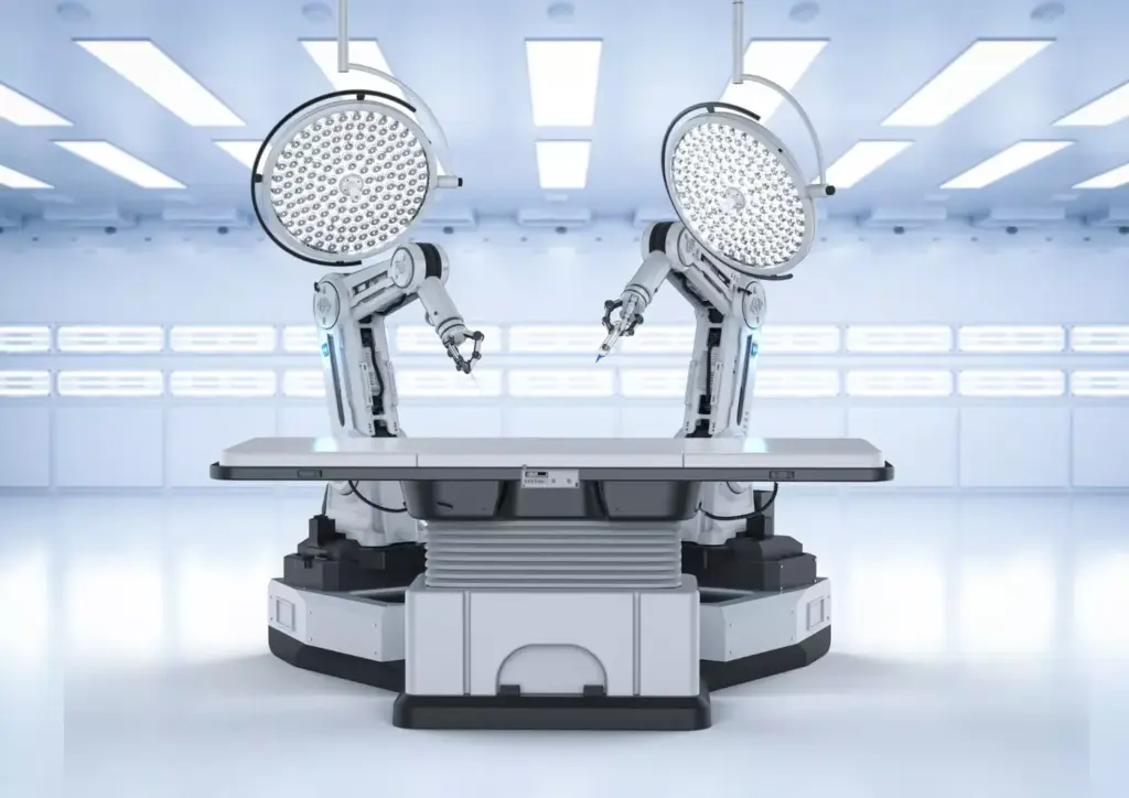 A sleek, high-tech laparoscopic robot dominates the frame, its articulated limbs and precision instruments poised for delicate surgical maneuvers. Bathed in soft, directional lighting that highlights the robotic's chrome and matte black finish, the device exudes a sense of advanced medical technology. The background is a clean, minimalist setting, emphasizing the robot's sophistication and the cutting-edge nature of robotic-assisted laparoscopic surgery. The overall composition conveys a balance of power, precision, and the seamless integration of man and machine in modern medical practice.