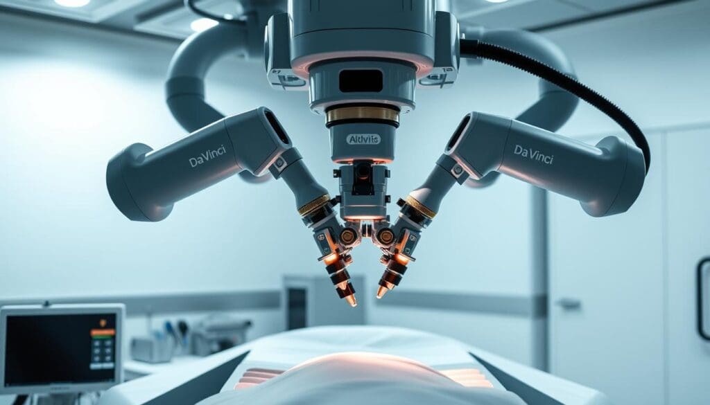 A sleek, state-of-the-art Da Vinci robotic surgery system, its mechanical arms poised above a meticulously detailed surgical table. The system's cameras and sensors are illuminated by soft, directional lighting, capturing the precise movements of the robotic instruments. In the background, a sterile, high-tech medical environment with clean lines and muted colors sets the stage for the advanced surgical procedure. The scene conveys a sense of technological sophistication and the cutting-edge capabilities of this revolutionary robotic surgery system. A sleek, state-of-the-art Da Vinci robotic surgery system, its mechanical arms poised above a meticulously detailed surgical table. The system's cameras and sensors are illuminated by soft, directional lighting, capturing the precise movements of the robotic instruments. In the background, a sterile, high-tech medical environment with clean lines and muted colors sets the stage for the advanced surgical procedure. The scene conveys a sense of technological sophistication and the cutting-edge capabilities of this revolutionary robotic surgery system.