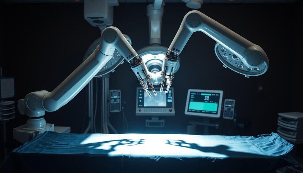 A state-of-the-art da Vinci robotic surgery system, its sleek metallic arms poised gracefully over an operating table, casting long dramatic shadows in the dimly lit surgical suite. The intricate mechanisms glint under focused lighting, conveying a sense of precision and advanced technology. In the background, the complex control console stands ready, its multiple displays and intuitive interfaces hinting at the surgeon's enhanced capabilities. The overall mood is one of cutting-edge medical innovation, promising a revolutionary approach to minimally invasive procedures like hysterectomy for faster patient recovery.