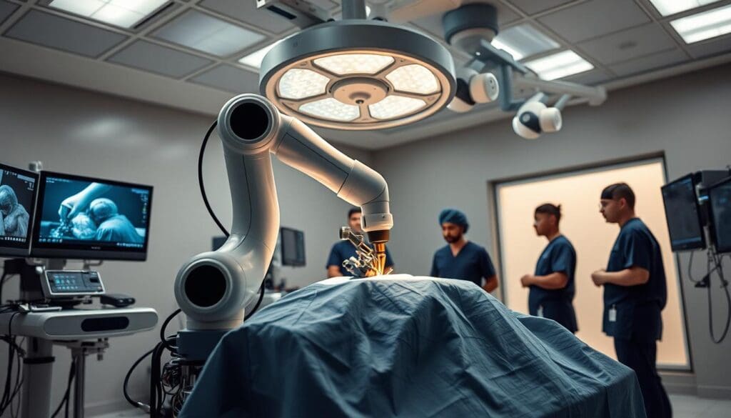 A state-of-the-art surgical robot performing a delicate procedure on a patient in a modern hospital operating room. The robotic arm is precisely maneuvering surgical instruments with unparalleled dexterity, while a team of medical professionals closely monitor the procedure on high-resolution displays. Bright, clean lighting illuminates the scene, casting subtle shadows that highlight the advanced technology at work. The atmosphere is one of cutting-edge innovation, as this robotic system seamlessly integrates with the medical team to deliver enhanced precision, safety, and patient outcomes.