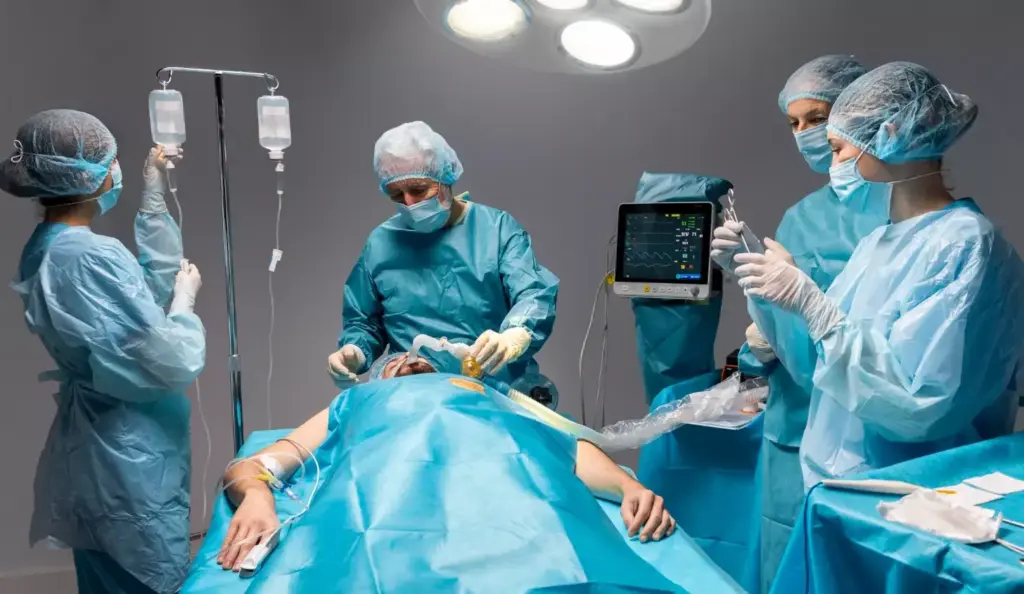 A surgical theater bathed in bright, sterile lighting, with a large, high-resolution display screen dominating the foreground. At the center, a team of skilled surgeons performing a delicate laparoscopic procedure, their movements precise and controlled, guided by the magnified images on the screen. The patient's abdomen is exposed, with tiny incisions visible, as the surgeons manipulate slender instruments through these openings. The atmosphere is one of focused intensity, the surgeons completely absorbed in the intricate work at hand. Depth of field emphasizes the foreground action, while the background fades into a clean, clinical environment, underscoring the advanced, minimally invasive nature of this cutting-edge surgical technique.