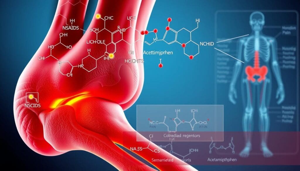 A vibrant, high-resolution illustration depicting the mechanisms of arthritis pain medications. In the foreground, a detailed cross-section of a joint affected by arthritis, with inflamed tissue and damaged cartilage. Overlaying this, a series of molecular structures and chemical pathways representing the active ingredients in common arthritis pain relievers, such as non-steroidal anti-inflammatory drugs (NSAIDs) and acetaminophen. The middle ground showcases the biological targets of these medications, including enzymes, receptors, and signaling molecules involved in the pain and inflammation response. In the background, a subtly blurred anatomical diagram of the musculoskeletal system, providing context. The overall composition conveys the scientific principles underlying the therapeutic effects of arthritis medications in a visually compelling and informative manner. A vibrant, high-resolution illustration depicting the mechanisms of arthritis pain medications. In the foreground, a detailed cross-section of a joint affected by arthritis, with inflamed tissue and damaged cartilage. Overlaying this, a series of molecular structures and chemical pathways representing the active ingredients in common arthritis pain relievers, such as non-steroidal anti-inflammatory drugs (NSAIDs) and acetaminophen. The middle ground showcases the biological targets of these medications, including enzymes, receptors, and signaling molecules involved in the pain and inflammation response. In the background, a subtly blurred anatomical diagram of the musculoskeletal system, providing context. The overall composition conveys the scientific principles underlying the therapeutic effects of arthritis medications in a visually compelling and informative manner.