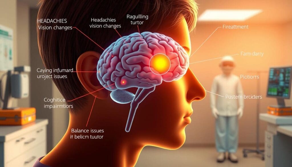 A vibrant, medically accurate illustration of the common symptoms associated with benign brain tumors. In the foreground, a detailed close-up view of a person's head, with various neurological symptoms depicted through subtle visual cues - headaches, vision changes, cognitive impairments, and balance issues. The middle ground features a cross-section of the brain, highlighting the location and size of the benign tumor. In the background, a muted, clinical environment with medical equipment and diagnostic imagery, conveying a sense of medical care and diagnosis. Warm, natural lighting casts a soft glow, creating a soothing, informative atmosphere. Rendered with a high level of realism and anatomical precision to educate and enlighten the viewer.