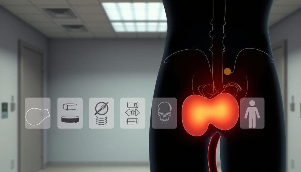 A well-lit medical illustration depicting various enlarged prostate treatment options. In the foreground, a cross-sectional diagram of the male pelvic region showcases the enlarged prostate gland. In the middle ground, a series of detailed icons or silhouettes representing common treatment modalities such as medication, minimally invasive procedures, and surgical interventions. The background features a clean, neutral medical environment with muted colors to maintain focus on the central subject matter. The overall mood is informative and educational, designed to visually communicate the range of available options for managing an enlarged prostate condition.