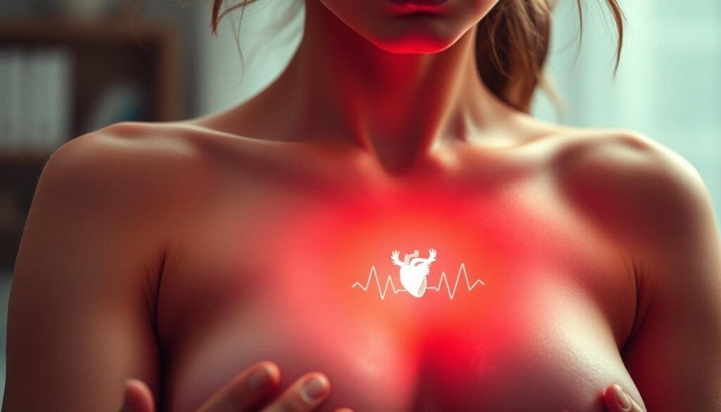 A woman's chest, with skin flushed and heart visibly pounding, as she experiences heart palpitations during premenstrual syndrome. Soft lighting illuminates her anxious expression, capturing the unsettling sensation of an irregular heartbeat. The image has a dreamlike, almost ethereal quality, conveying the visceral, unsettling experience of this hormonal phenomenon. The perspective is close-up, focused on the upper torso, drawing the viewer into the woman's internal experience. The background is blurred, keeping the attention on the central subject and her physical symptoms. A woman's chest, with skin flushed and heart visibly pounding, as she experiences heart palpitations during premenstrual syndrome. Soft lighting illuminates her anxious expression, capturing the unsettling sensation of an irregular heartbeat. The image has a dreamlike, almost ethereal quality, conveying the visceral, unsettling experience of this hormonal phenomenon. The perspective is close-up, focused on the upper torso, drawing the viewer into the woman's internal experience. The background is blurred, keeping the attention on the central subject and her physical symptoms.