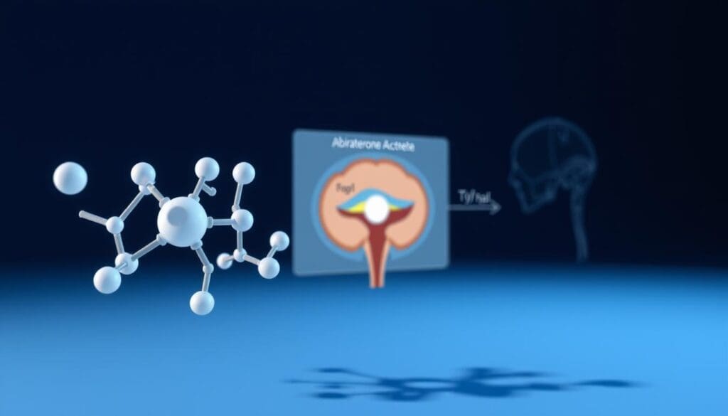 Abiraterone acetate mechanism: a detailed 3D illustration. In the foreground, a molecular model of abiraterone acetate, its chemical structure prominently displayed. In the middle ground, a cross-section of the androgen biosynthesis pathway, showing how abiraterone acetate blocks the CYP17A1 enzyme, disrupting androgen production. The background features a schematic of the prostate gland, highlighting the site of action. Rendered in a clean, scientific style with a cool, clinical color palette. Bright, directional lighting casts shadows that emphasize the depth and structure of the components. Captured from a slight bird's-eye perspective to provide an overview of the mechanism. Abiraterone acetate mechanism: a detailed 3D illustration. In the foreground, a molecular model of abiraterone acetate, its chemical structure prominently displayed. In the middle ground, a cross-section of the androgen biosynthesis pathway, showing how abiraterone acetate blocks the CYP17A1 enzyme, disrupting androgen production. The background features a schematic of the prostate gland, highlighting the site of action. Rendered in a clean, scientific style with a cool, clinical color palette. Bright, directional lighting casts shadows that emphasize the depth and structure of the components. Captured from a slight bird's-eye perspective to provide an overview of the mechanism.