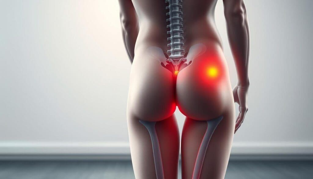 An anatomical illustration showcasing the typical symptoms of sciatica. The foreground depicts a person's lower back and hips, with the sciatic nerve highlighted and radiating pain down the thigh and leg. The middle ground features detailed muscle and nerve structures, while the background provides a neutral, clinical setting with subtle lighting, highlighting the medical nature of the subject. The image conveys a sense of precision and clarity, enabling clear visualization of the sciatica condition for the article's audience. An anatomical illustration showcasing the typical symptoms of sciatica. The foreground depicts a person's lower back and hips, with the sciatic nerve highlighted and radiating pain down the thigh and leg. The middle ground features detailed muscle and nerve structures, while the background provides a neutral, clinical setting with subtle lighting, highlighting the medical nature of the subject. The image conveys a sense of precision and clarity, enabling clear visualization of the sciatica condition for the article's audience.