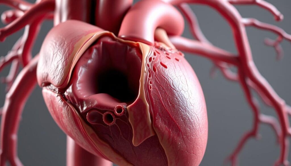 An anatomically accurate representation of an ascending aortic aneurysm. Depicted in high-resolution detail, the image showcases the dilated and weakened aortic root and ascending aorta, surrounded by the heart and surrounding structures. The aneurysm is shown in a detailed cross-section, highlighting its distinctive fusiform shape and the thickened aortic wall. Lighting is natural and diffuse, creating a clinical yet informative atmosphere. The angle is a slightly elevated perspective, allowing for a clear view of the internal anatomy. The overall mood is one of scientific precision and medical understanding, suitable for illustrating the "Understanding Ascending Aortic Aneurysms" section.