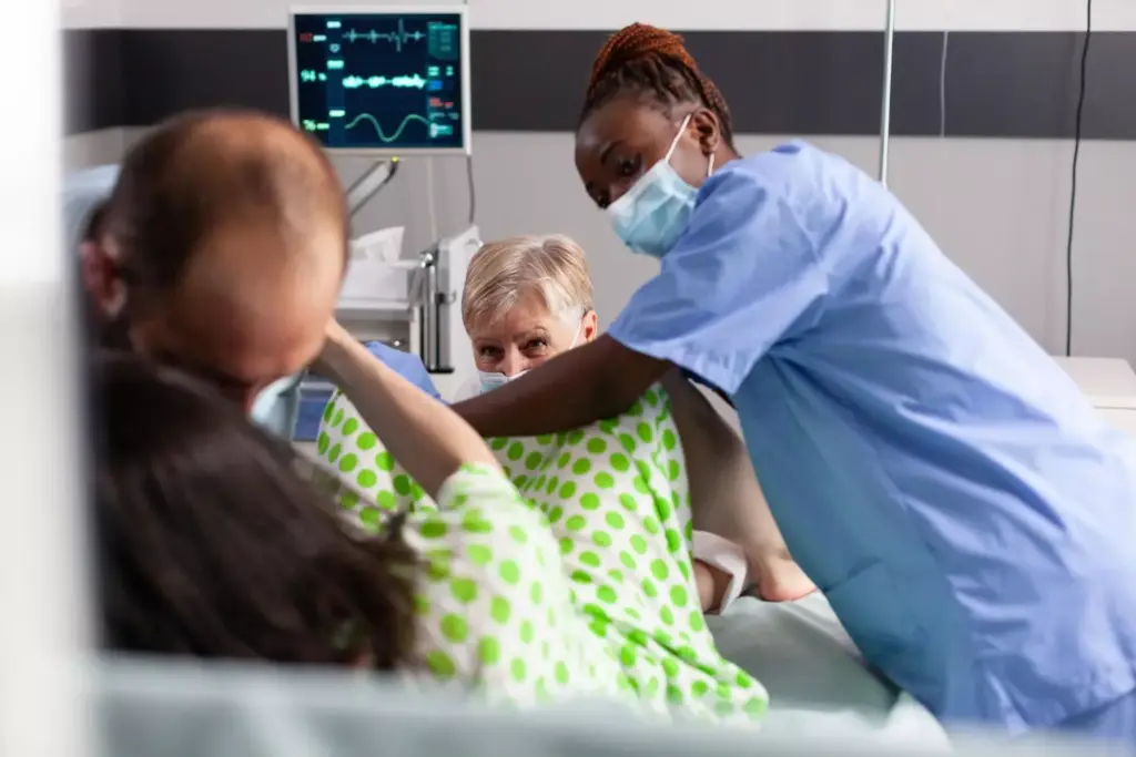 An end-stage glioblastoma multiforme patient lying on a hospital bed, surrounded by medical equipment and family members. A somber, muted palette with dim, warm lighting illuminates the scene. The patient's face is gaunt, eyes closed, and skin pallid, conveying the ravages of the disease. The family members, expressions etched with grief, gather close, their hands intertwined with the patient's. The background is hazy, with medical supplies and monitors fading into the distance, emphasizing the intimacy of the moment. The composition is balanced, with the patient in the center, drawing the viewer's focus to the impending end of life. An end-stage glioblastoma multiforme patient lying on a hospital bed, surrounded by medical equipment and family members. A somber, muted palette with dim, warm lighting illuminates the scene. The patient's face is gaunt, eyes closed, and skin pallid, conveying the ravages of the disease. The family members, expressions etched with grief, gather close, their hands intertwined with the patient's. The background is hazy, with medical supplies and monitors fading into the distance, emphasizing the intimacy of the moment. The composition is balanced, with the patient in the center, drawing the viewer's focus to the impending end of life.